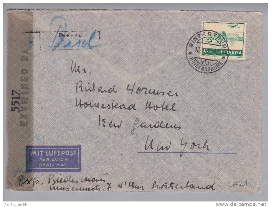 Schweiz Flugpost 1945-05-12 Winterthur Zensurbrief Via Basel Nach New York 1Fr. Grün - Other & Unclassified