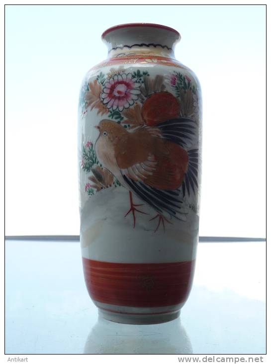 JAPON - Vase Kutani à Décor D'oiseau , SIGNE Début XXe - Rare Couleur Corail - Asian Art