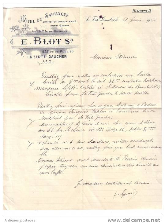 Hôtel Du Sauvage La Ferté Gaucher 1914 Ambulant Cachet Convoyeur Sezanne à Paris Marne Thomas Chevallier - Lettres & Documents