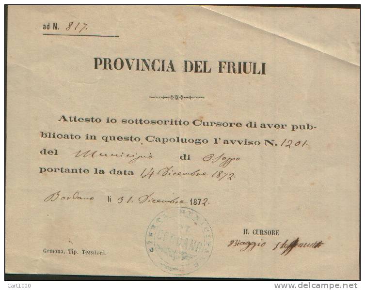 1872 BORDANO PROVINCIA DEL FRIULI - OSOPPO - - Decreti & Leggi