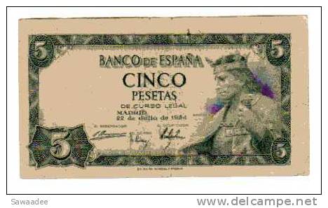 BILLET ESPAGNE - P.146 - CINCO PESETA - 22 JUILLET 1954 - ALPHONSE X - MUSEE ET BIBLIOTHEQUE DE MADRID - 5 Pesetas