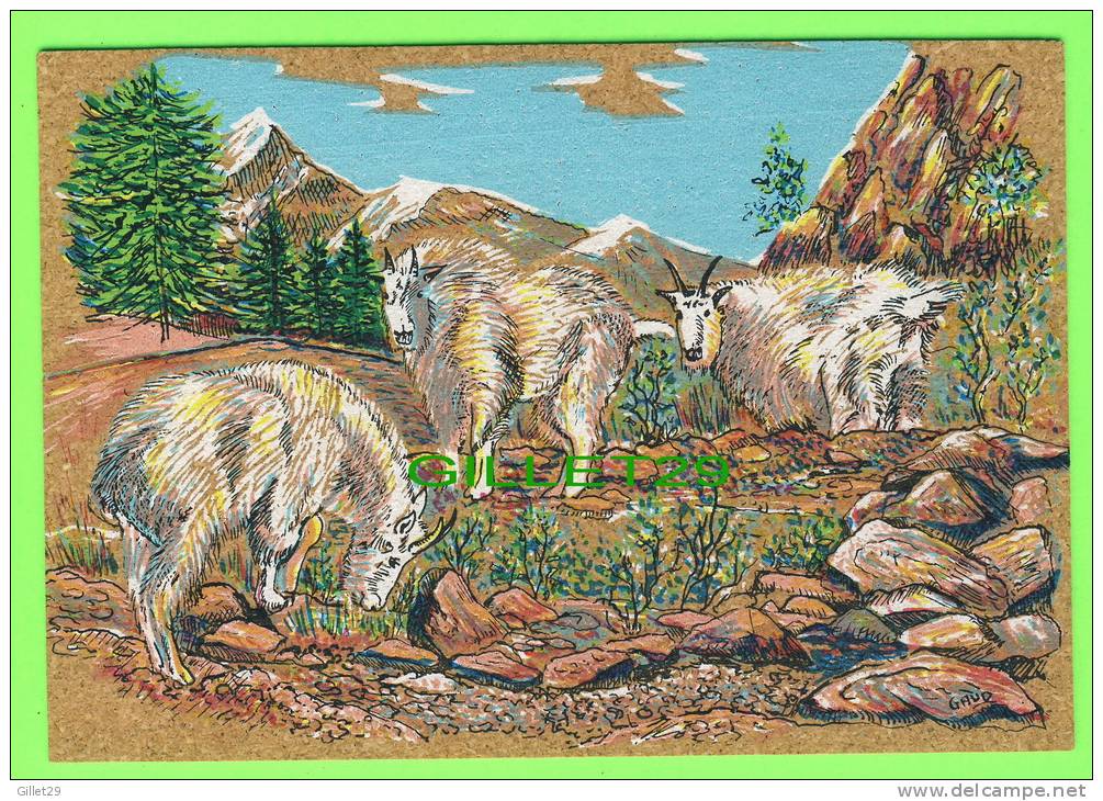 CARTE EN LIÈGE - CORK & ART - PAINTING, WILD GOATS - PEINTURE DE CHÈVRES SAUVAGES - CRÉATION OLBIDECOR - 12 X 18cm - - Autres & Non Classés