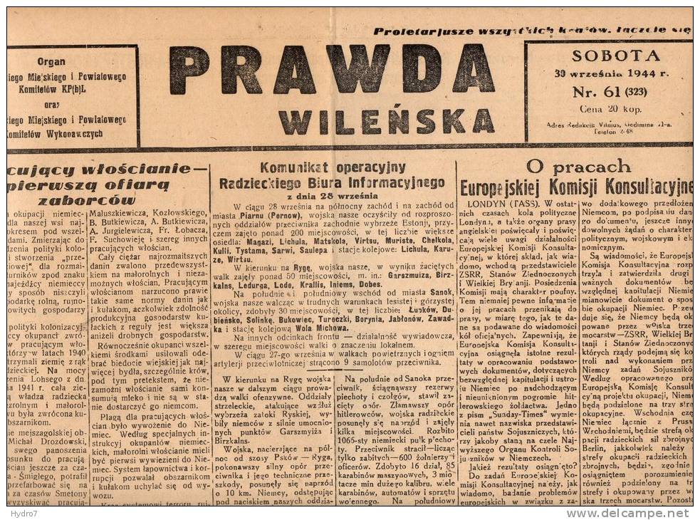 Poland-Lithuania 1944 Comunist Newspaper Prawda  Vilno Vilnjus Journal Zeitung - 1939-45