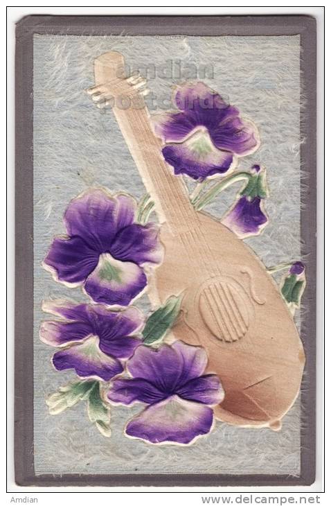 PANSIES - MANDOLIN - PAPIER MACHE DECORATED VINTAGE POSTCARD ~ Ca 1910s GERMANY [5663] - Other & Unclassified