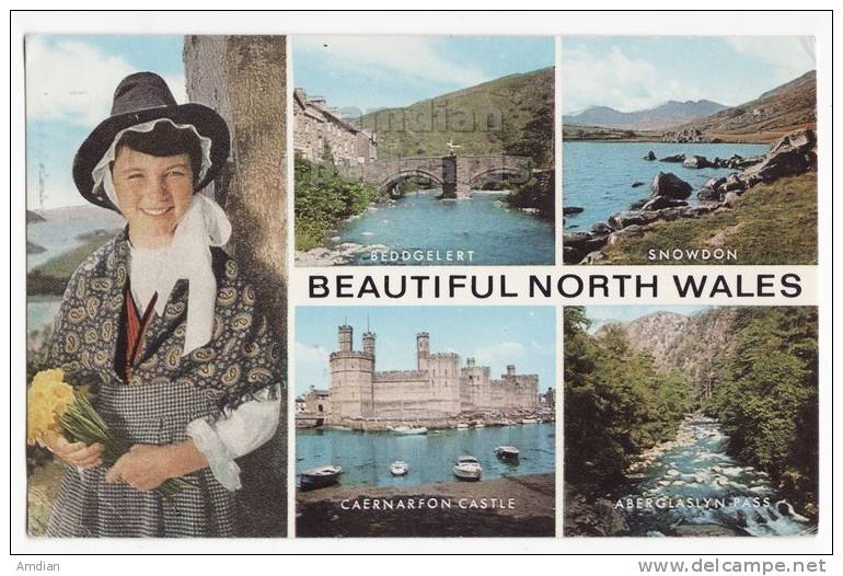 BEAUTIFUL NORTH WALES UK MULTIVIEW POSTCARD 1970s ~GIRL WITH ETHNIC COSTUME  [5664] - Other & Unclassified
