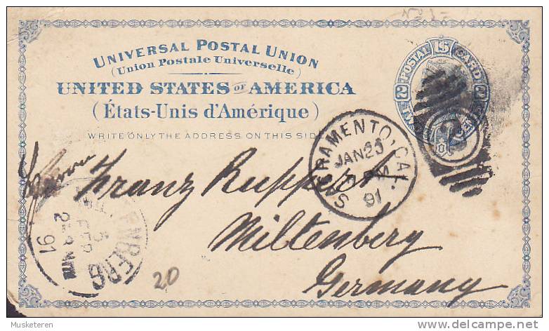 United States Postal Stationery Ganzsache Entier SACRAMENTO 1891 To MILTENBERG Germany (2 Scans) - ...-1900