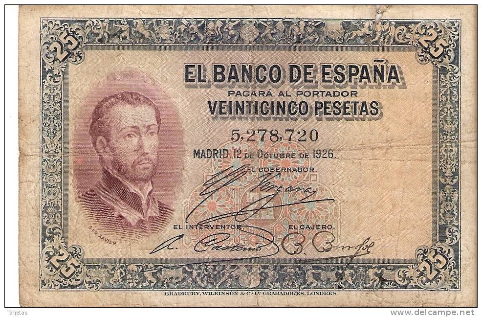 BILLETE DE ESPAÑA DE 25 PTAS  DEL AÑO 1926 SIN SERIE    CALIDAD RC  (BANKNOTE) - 1-2-5-25 Pesetas