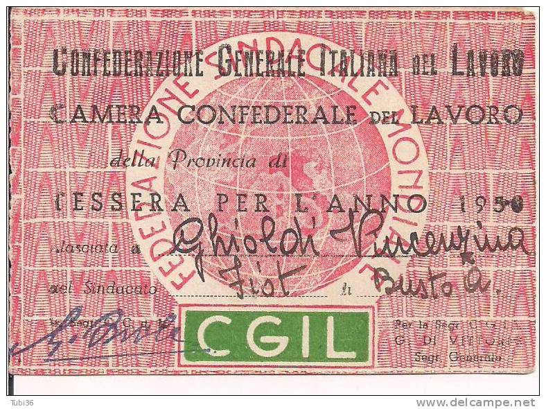 CGIL, TESSERA ANNO 1950, VARESE, - Vakbonden