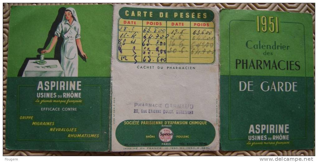 Calendrier Des Pharmacies De Garde 1951 - Aspirine - Autres & Non Classés