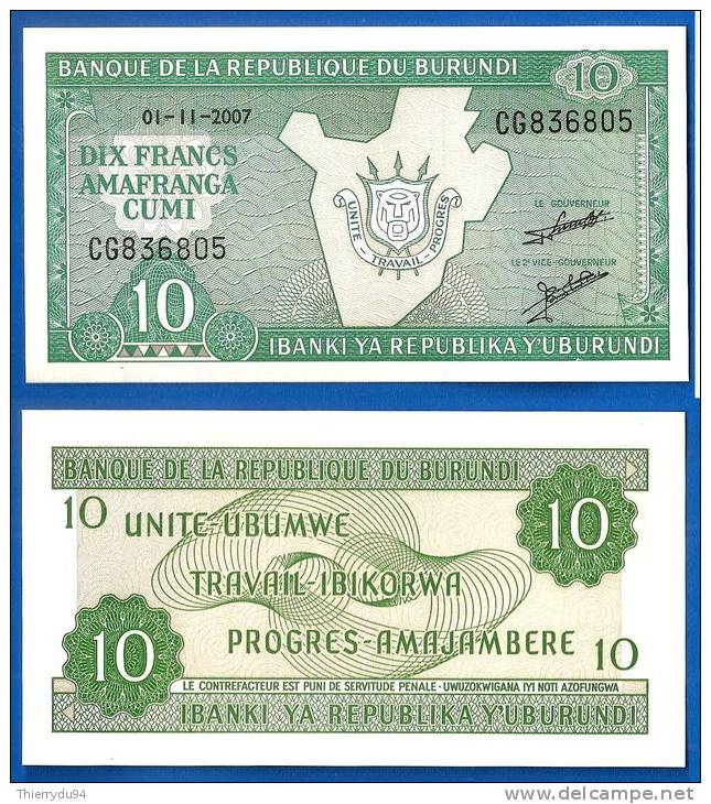 Burundi Lot 10 X 10 Francs 2007 Neuf Uncirculated Prefix CG  Uniquement Prix + Frais De Port Frcs Afrique Frc - Burundi