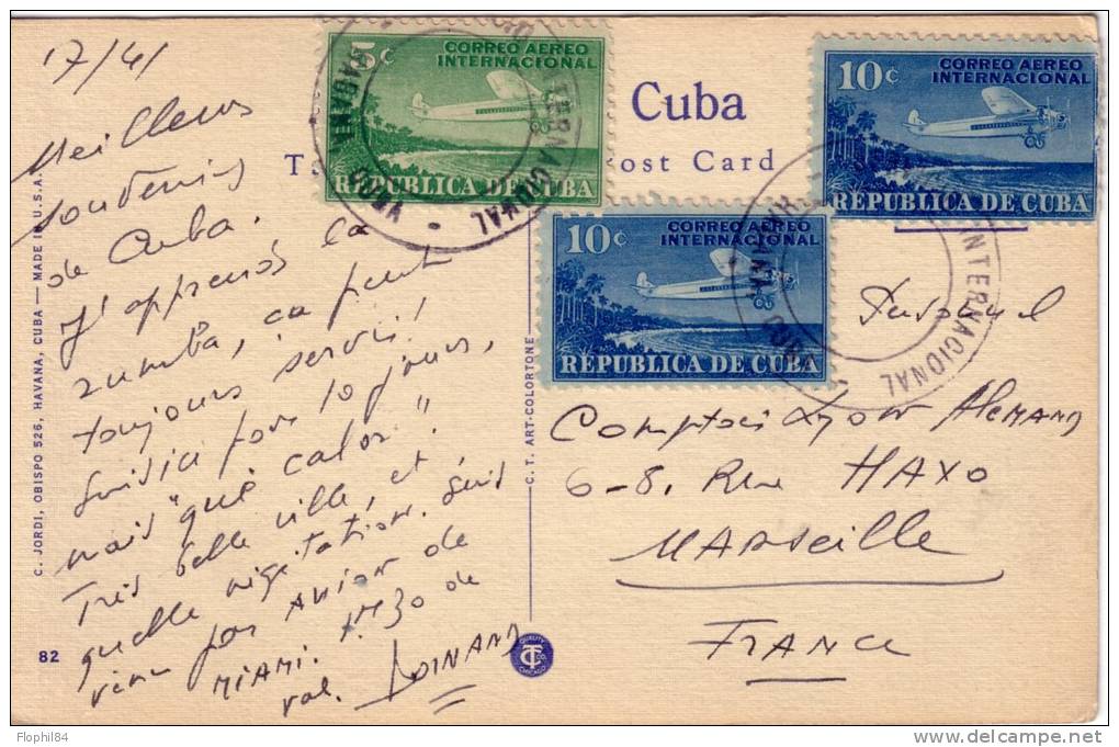 CUBA - CARTE POSTALE PAR AVION AVEC BEL AFFRANCHISSEMENTEN POSTE AERIENNE. - Lettres & Documents