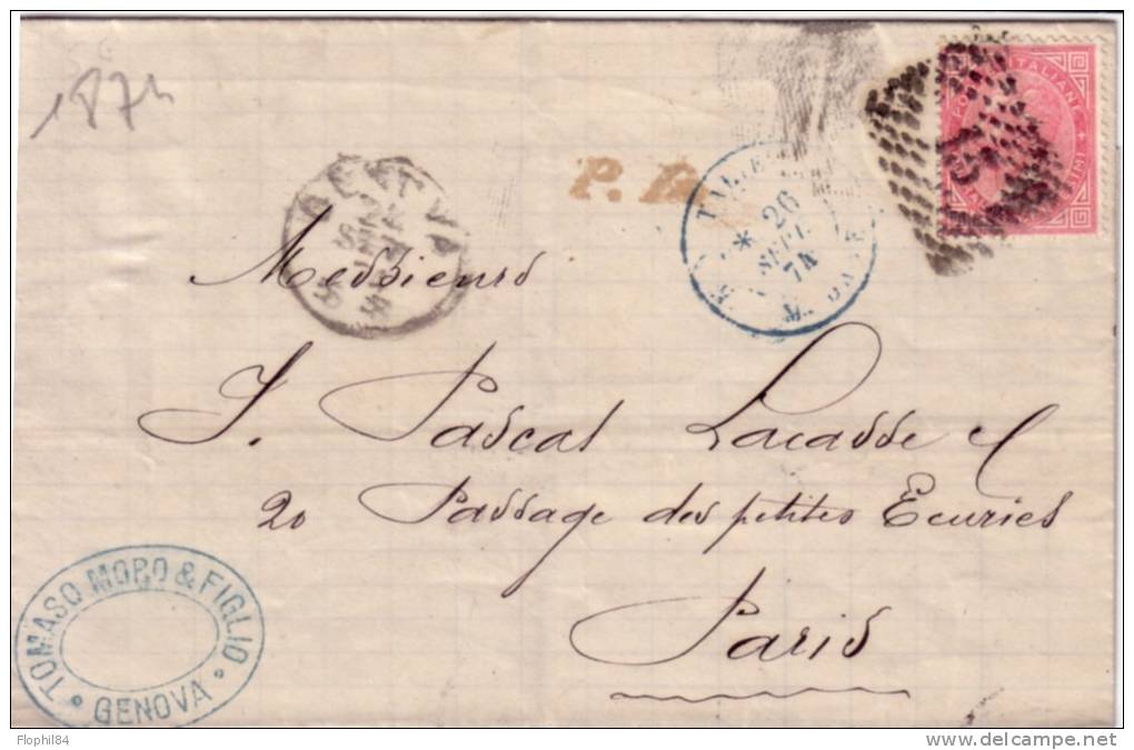 ITALIE - GENOVA LE 24-9-1874 - CACHET ITALIE MODANE DU 26-9 - LETTRE POUR PARIS. - Poststempel