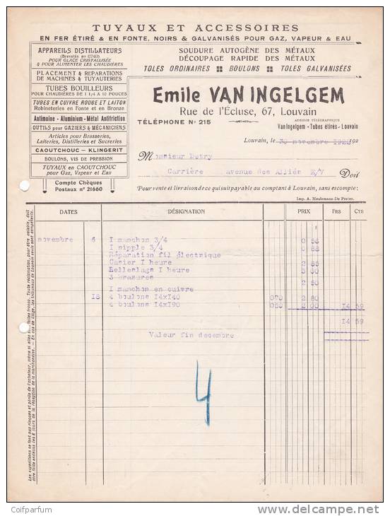 TUYAUX ET ACCESSOIRES / EMILE VAN INGELGEM / LOUVAIN 1922 (F954) - 1900 – 1949