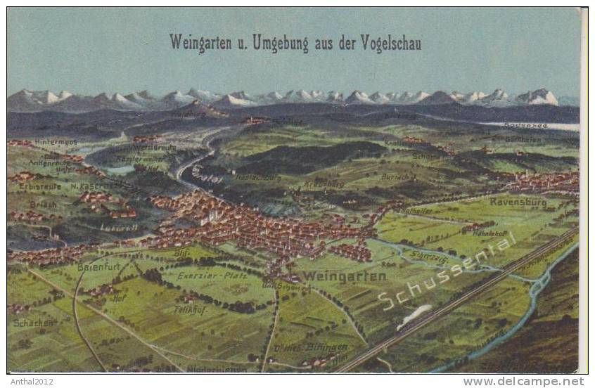 Litho Weingarten Und Umgebung Aus Der Vogelschau Exerzierplatz Schussental 1915 - Ravensburg