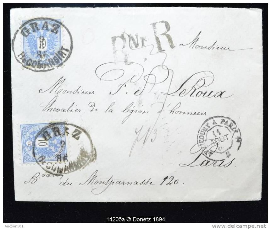 14205 GRAZ RECOMMANDIRT Nach Frankreich Recommandé De Graz Vers Paris Via Salzbourg, Absent, Sceau En Cire,  09/08/1886 - Lettres & Documents