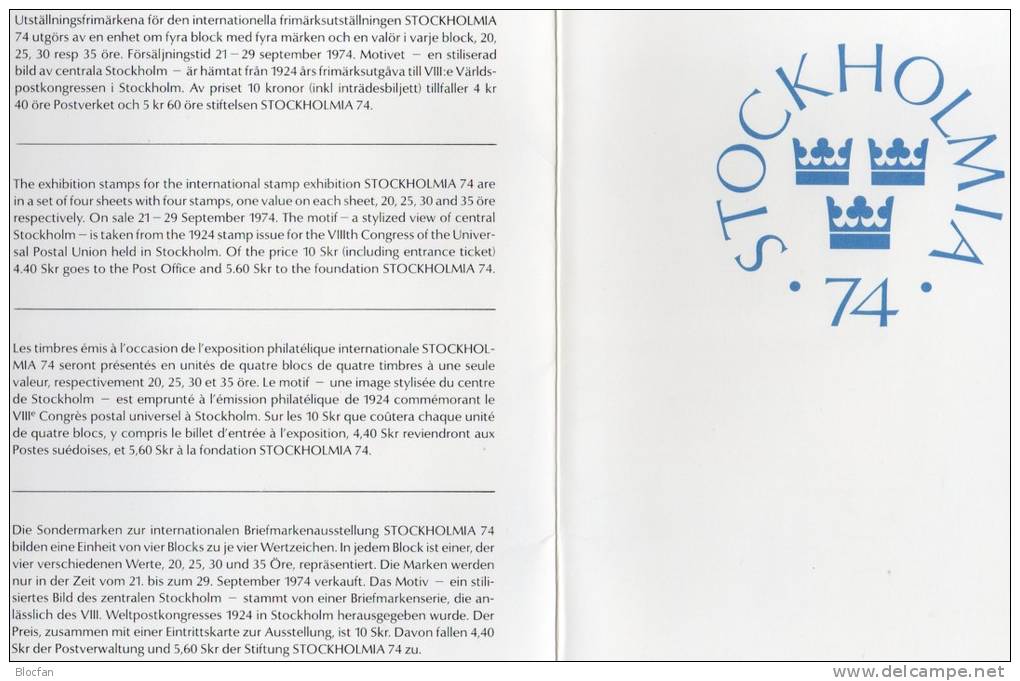 Gedenkblatt Stockholmia Schloß Schweden Gbl.1/74, EK + Block 2/5 ** 20€ UPU-Kongreß M/s Bloc Philatelic Sheet Bf Sverige - Fogli Completi
