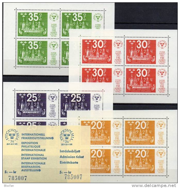 Gedenkblatt Stockholmia Schloß Schweden Gbl.1/74, EK + Block 2/5 ** 20€ UPU-Kongreß M/s Bloc Philatelic Sheet Bf Sverige - Fogli Completi