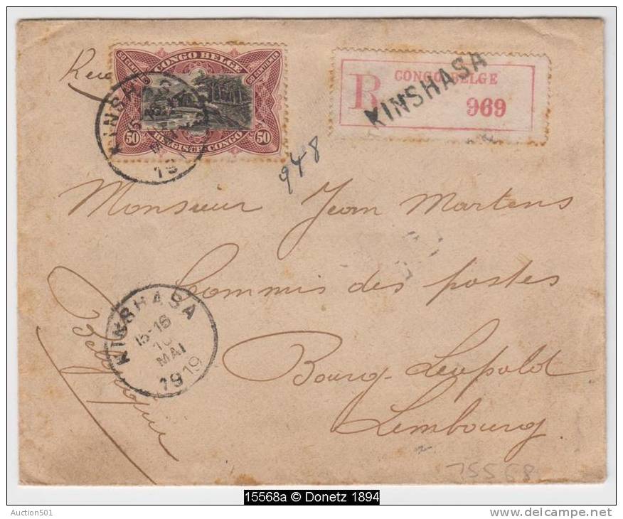 15568 Congo, Recommandé De Kinshasa à Bourg Léopold, Sceau 10/05/1919, (COB 69) - Lettres & Documents