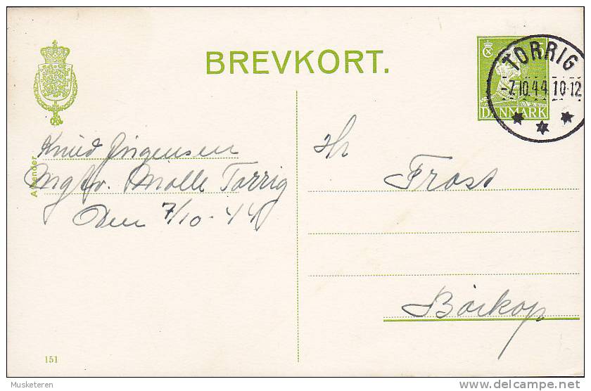 Denmark Postal Stationery Ganzsache Entier 15 Ø King König Christian X. (151) TORRIG 1944 To BØRKOP SCARCE Cds (2 Scans) - Interi Postali