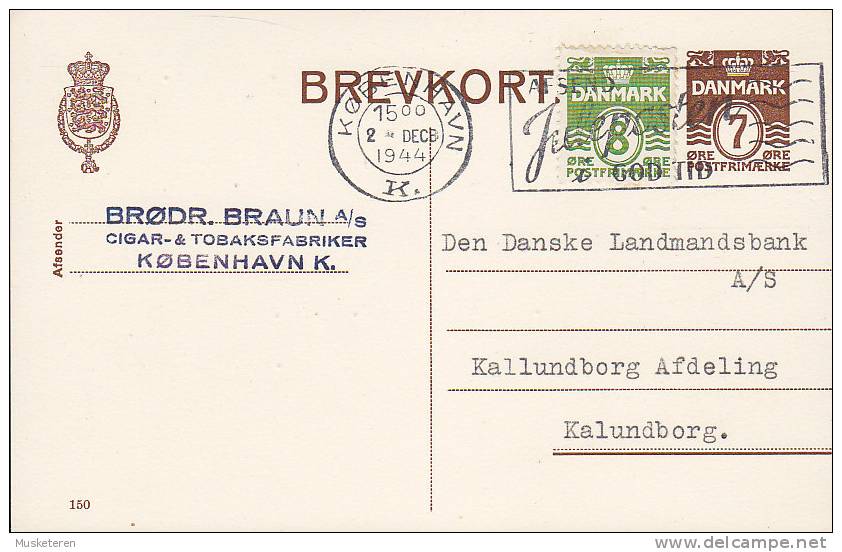 Denmark Uprated Postal Stationery Ganzsache Entier 7 Ø Wellenlinien (150) KØBENHAVN 1944 To BANK In KALUNDBORG (2 Scans) - Ganzsachen