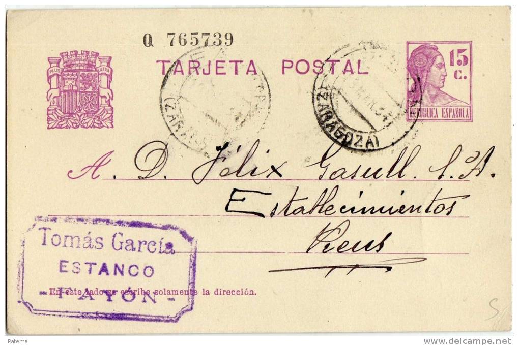 441- Entero Postal Fayon 1934, Zaragoza , Republica Española - 1931-....