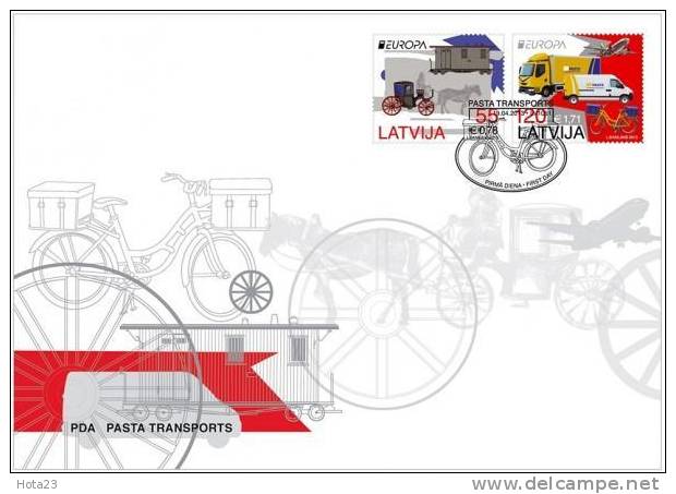 Latvia 2013 EUROPA CEPT Mail, Post Transport Old Car , Horse,railroad, Bicycle  FDC - 2013