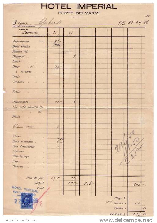 Ricevuta HOTEL IMPERIAL - FORTE DEI MARMI. 1935 - Italie