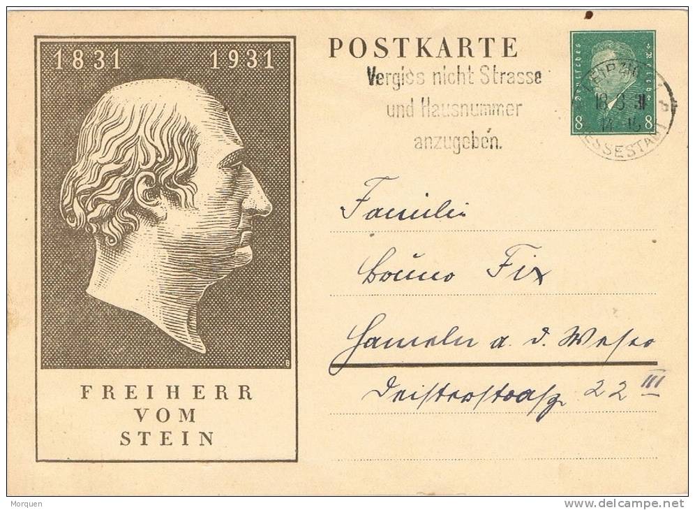 3352. Entero Postal LEIPZIG 1931 (Alemania Reich) , Baron Von Stein - Other & Unclassified