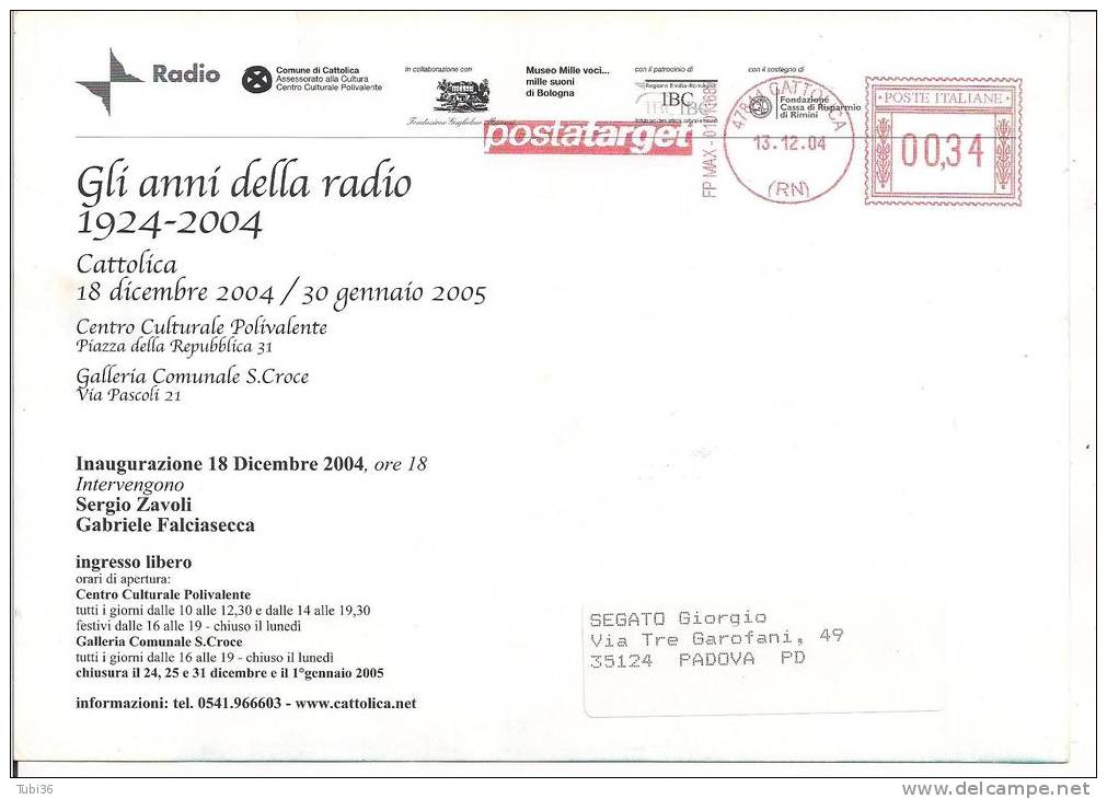 GLI ANNI DELLA RADIO, 1924 - 2004, CATTOLICA 2005, CARTOLINA  VIAGGIATA  2004 POSTATARGET, - Radio