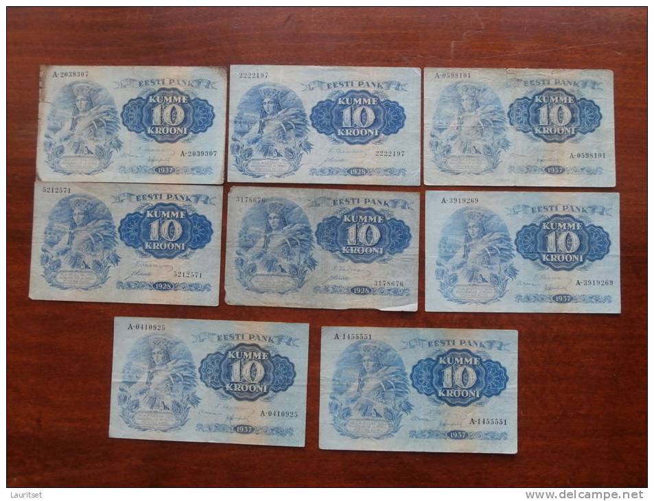 Estland Estonia Estonie 10 Krooni Bank Note Banknote 1928 & 1937, 8 Pcs, Used - Estland