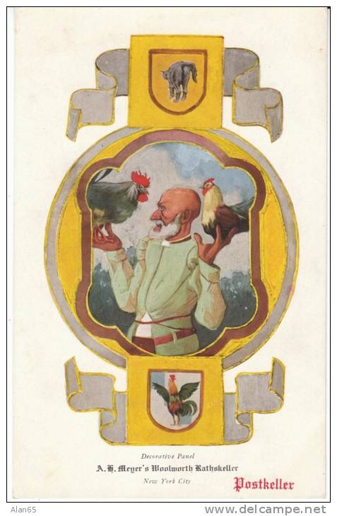 New York City NY, Meyer´s Woolworth Rathskeller Decorative Panel, Black Cat Rooster Old Man, C1900s/10s Vintage Postcard - Cafés, Hôtels & Restaurants
