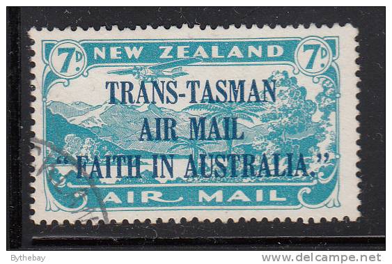New Zealand Used Scott #C5 7p Plane Over Lake Manapouri, Bright Blue With Trans-Tasman Overprint - Luchtpost