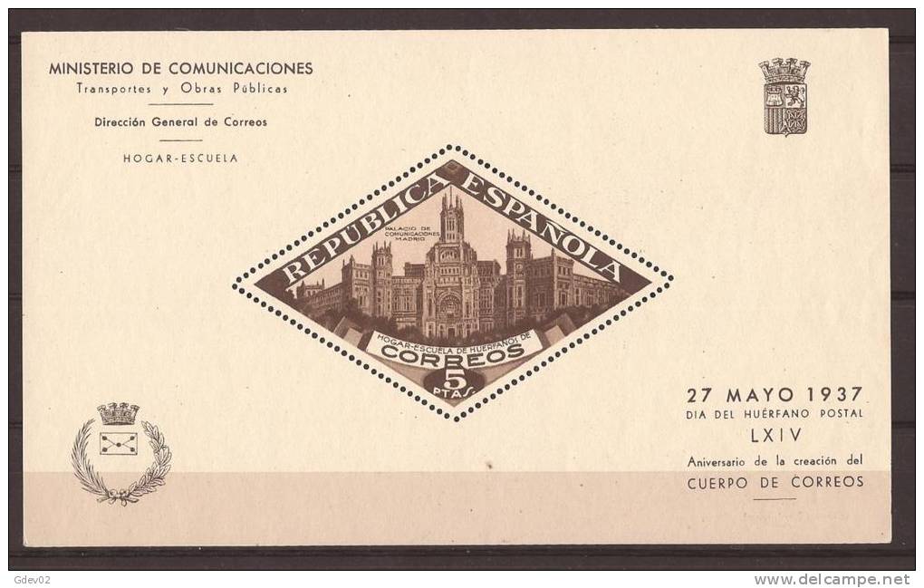 ESBE17-L20940TBH.Spain.Es Pagne.BENEFICENCIA.PALACI  DE COMUNICACIONES  De MADRID.1937.(Ed  17**).sin Charnela. - Blocs & Hojas