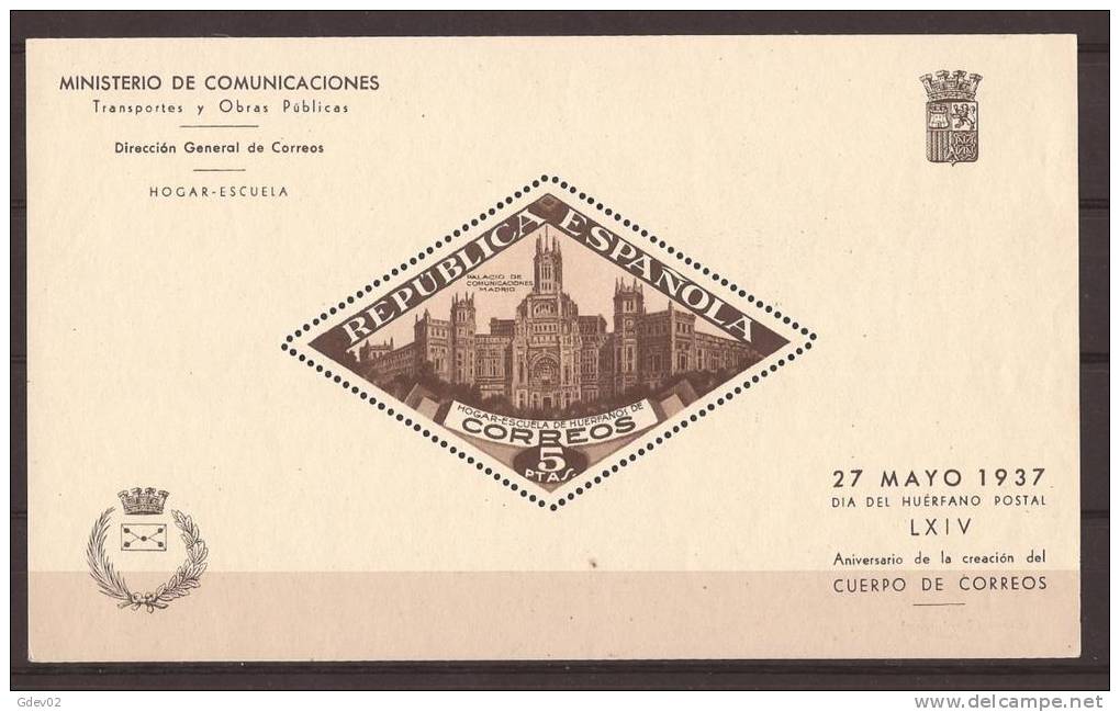 ESBE17SF-L20940TEHC.Spain.Es Pagne.BENEFICENCIA.PALACIO   DE COMUNICACIONES  1937.(Ed  17**).sin Charnela. - Fogli Ricordo