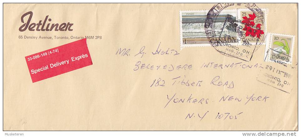 Canada Special Delivery EXPRÉS Label JETLINER, TORONTO Ontario 1982 Cover Lettre To YONKERS United States (2 Scans) - Espressi