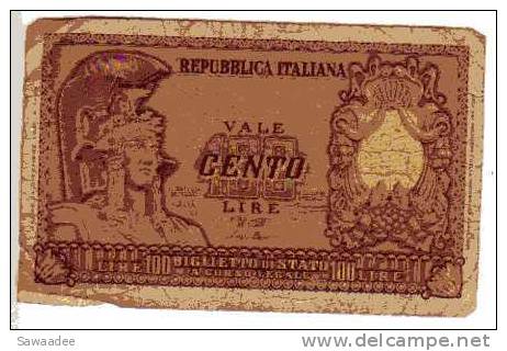 BILLET ITALIE - P.92a - 1951 - 100 LIRES - REPUBBLICA ITALIANA - BIGLIETTO DI STATO - 100 Lire