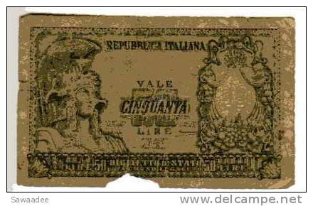 BILLET ITALIE - P.91 - 1951 - 50 LIRES - REPUBBLICA ITALIANA - BIGLIETTO DI STATO - 50 Lire