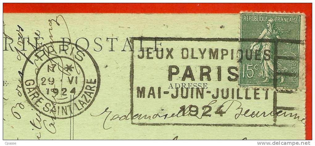 Flamme "JEUX OLYMPIQUES PARIS Mai-Juin-Juillet 1924 " 75 Paris Gare Saint-Lazare (RARE Dans Cette Qualité De Frappe) St - Maschinenstempel (Werbestempel)