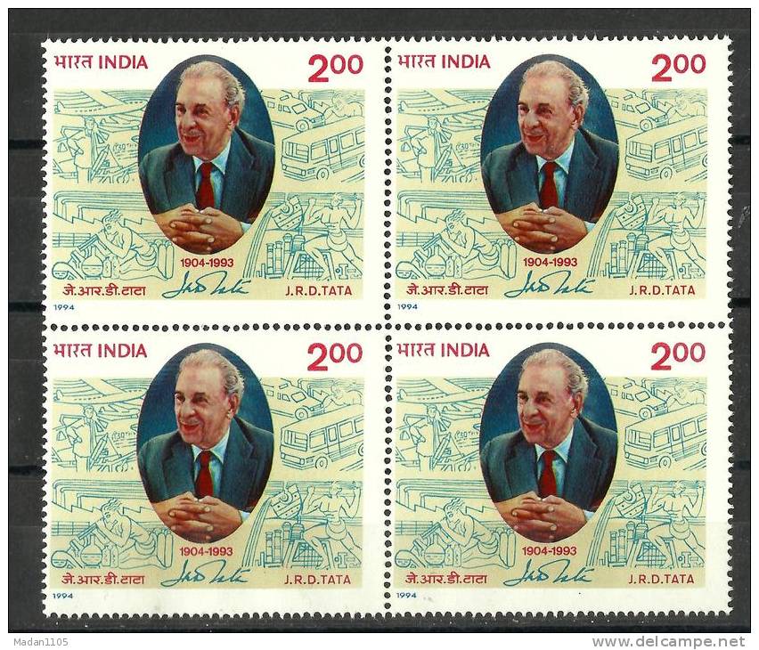 INDIA, 1994, J R D Tata, , Industrialist, And Pioneer Of Civil Aviation In India, Block Of 4, MNH, (**) - Neufs