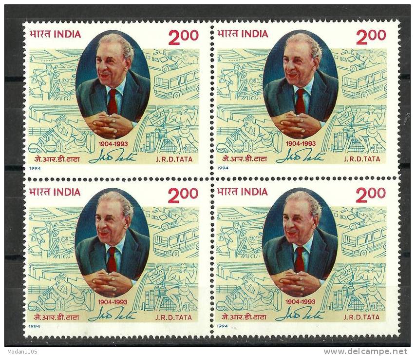 INDIA, 1994, J R D Tata, , Industrialist, And Pioneer Of Civil Aviation In India, Block Of 4, MNH, (**) - Ungebraucht