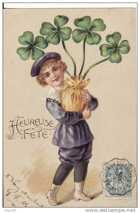 Carte Postale Fantaisie Gauffrée Jeune GARCON-TREFFLE 4 FEUILLES-Heureuse Fête- VOIR 2 SCANS - - Gruppen Von Kindern Und Familien