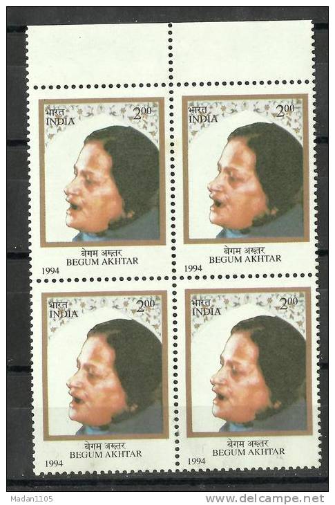 INDIA, 1994, 80th Birth Anniversary Of Begum Akhtar, Withdrawn Stamp,  Block Of 4, MNH, (**) - Neufs