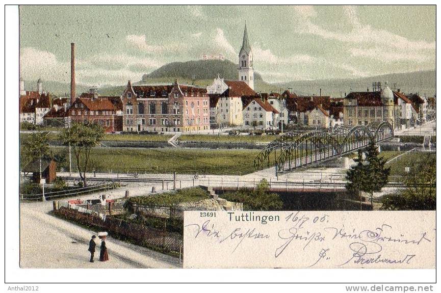 Litho Tuttlingen Stahl-Brücke Panorama Auf Stadt Personen 16.5.1905 N. Kaiserslautern - Tuttlingen