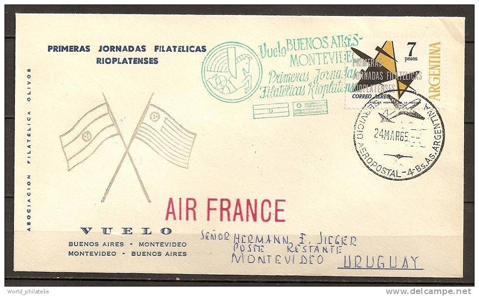 Argentine Argentina 1965 N° PA 104 O FDC, Avion, Premier Jour, Surchargé, Montevideo, Uruguay, Cheval, Air France, Flag - Lettres & Documents