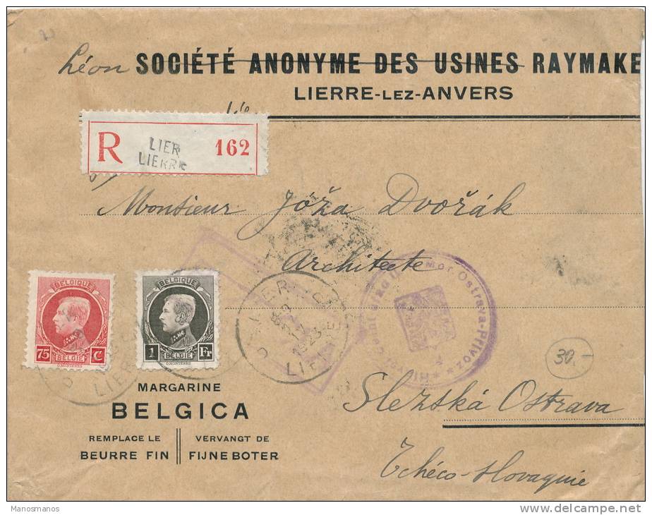 043/21 -- Lettre Recommandée TP Petit Montenez  1 F Et 75 C LIER Vers La Tchécoslovaquie - Entete Margarine Belgica - 1921-1925 Petit Montenez