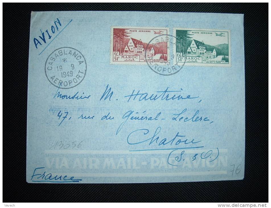 LETTRE PAR AVION TP POSTE AERIENNE 9F + 51 F + TP POSTE AERIENNE 6F + 34F OBL. 19-9-1948 CASABLANCA AEROPORT - Storia Postale