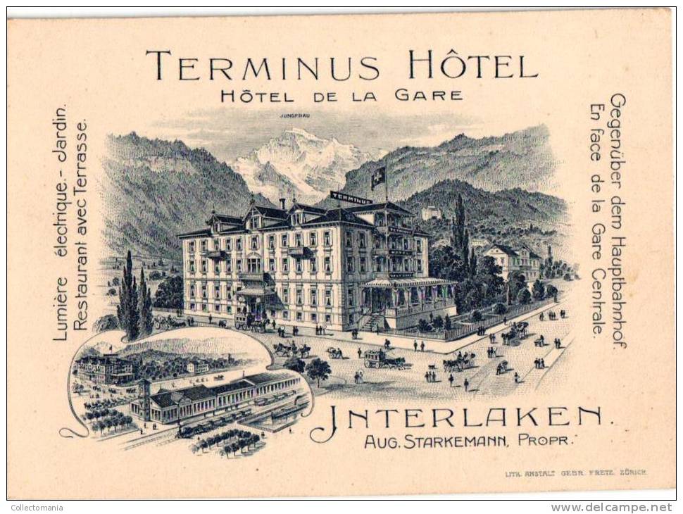 3 Cpa:  Interlaken: Eden Hotel 1899,       Gruss Aus 1902,          Terminus Hotel Aug.Starkemann - Interlaken