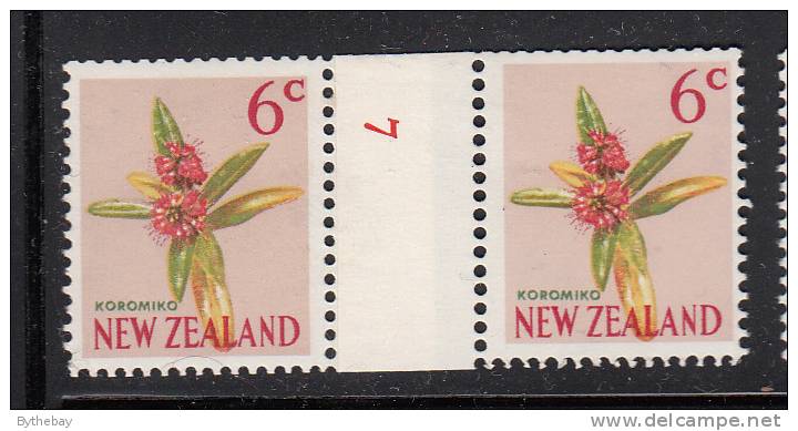 New Zealand MH Scott #389 6c Koromiko Horizontal Pair Counter Coil ´7´ In Red - Ungebraucht