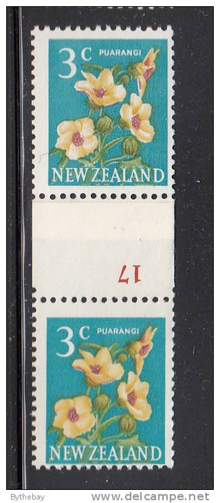 New Zealand MH Scott #386 3c Puarangi Vertical Pair Counter Coil ´17´ In Red - Nuevos