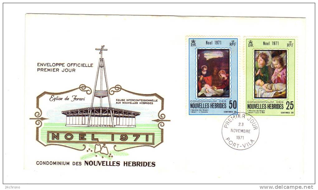 Premier Jour D´ Emission, FDC: Nouvelles Hebrides, Port Vila, Condominium Eglise Interconfessionnelle Noel 1971 23-11-71 - FDC